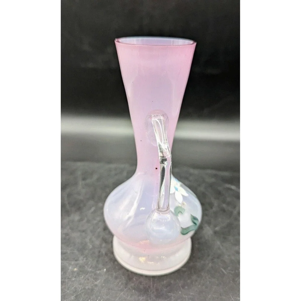 Antique Hand Painted Enameled Victorian Art Glass Pitcher Ewer Pink 6.75